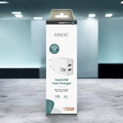 Sinox PRO 230V 2xUSB-A oplader 12W. Hvid