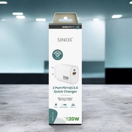 Sinox PRO 230V USB-A+USB-C oplader 20W. Hvid