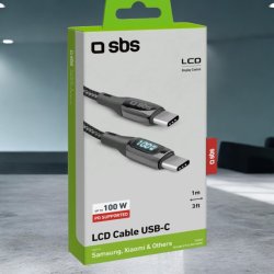SBS USB-C til USB-C data- og opladninskabel med LCD display. Sort