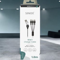 Sinox PRO X 6-i-1 kabel med Lightning, USB C og Micro USB. 1m. Flettet
