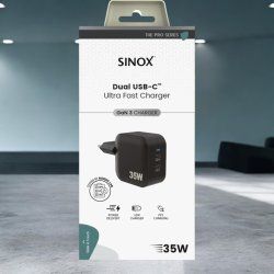Sinox PRO 230V 2xUSB-C PD oplader 35W. Sort