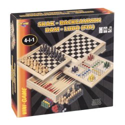 4-i-1 Træspil – Skak, Backgammon, Dam og Ludo