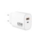 Sinox PRO 230V USB-A+USB-C PD oplader 65W. Hvid