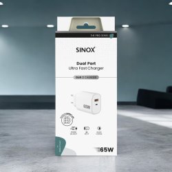 Sinox PRO 230V USB-A+USB-C PD oplader 65W. Hvid