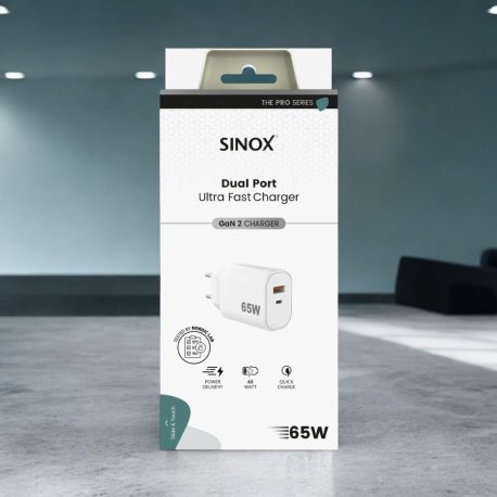 Sinox PRO 230V USB-A+USB-C PD oplader 65W. Hvid